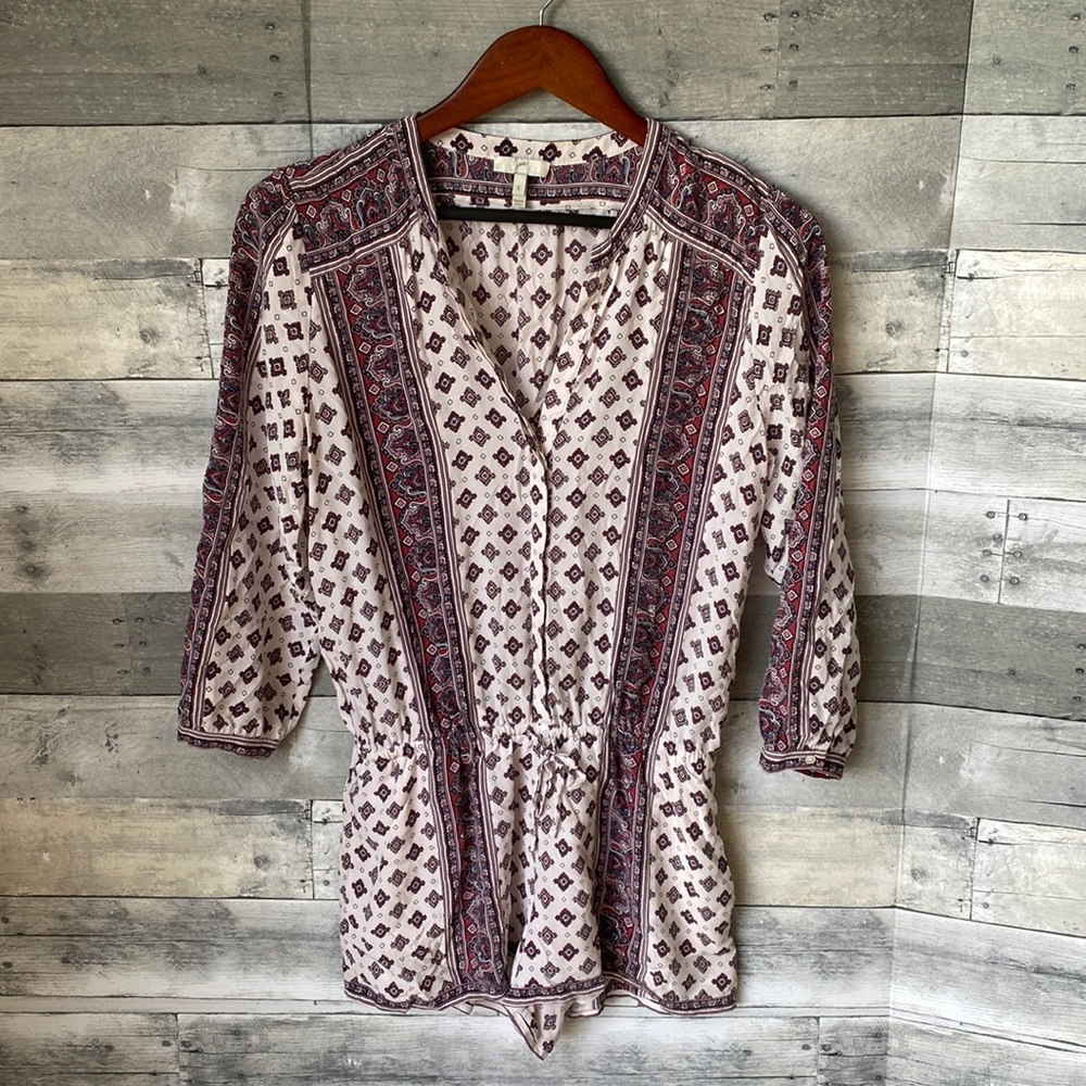 JOIE SILK PAISLEY BOHO PRINT LONG-SLEEVE V-NECK ROMBER WHITE WOMENS SMALL